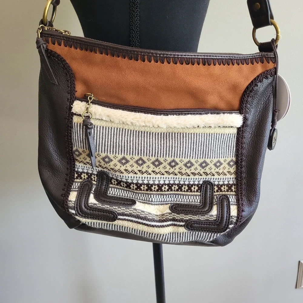 The Sak Iris Fair Isle Leather Hobo Shoulder Bag Brown Knit  NWT MSRP‎ $129